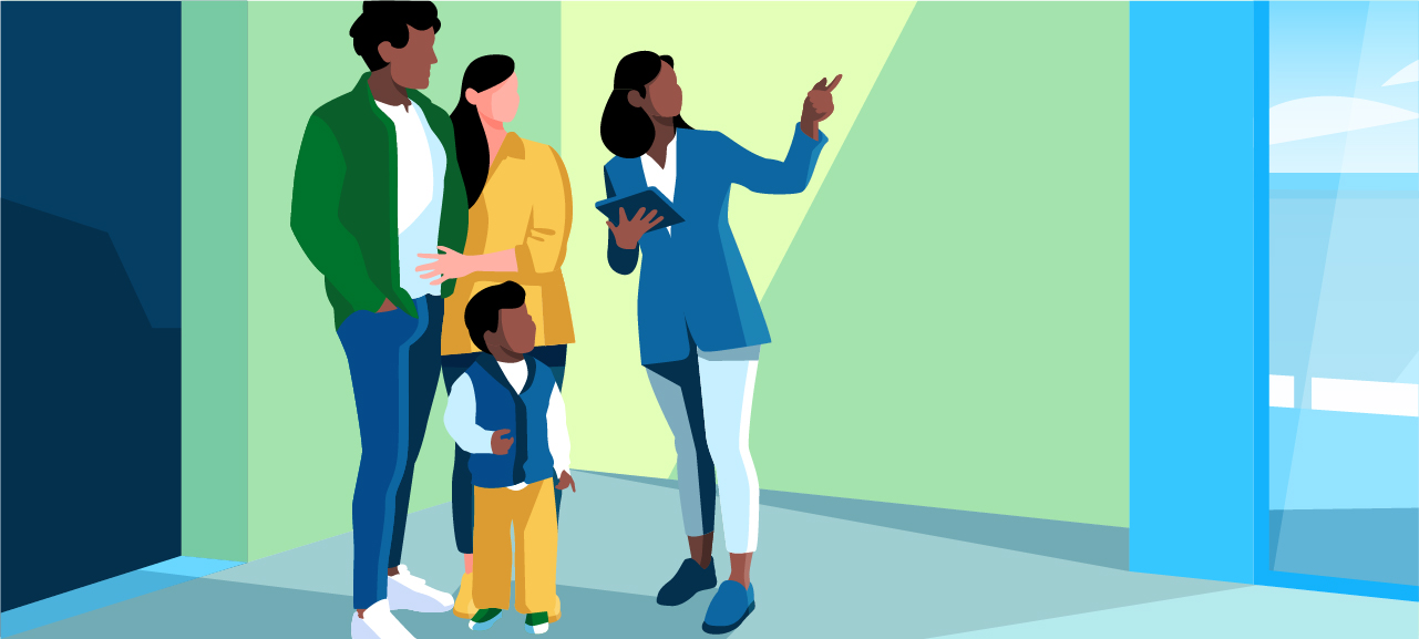 illustration couple avec enfant visite un logement sémiso