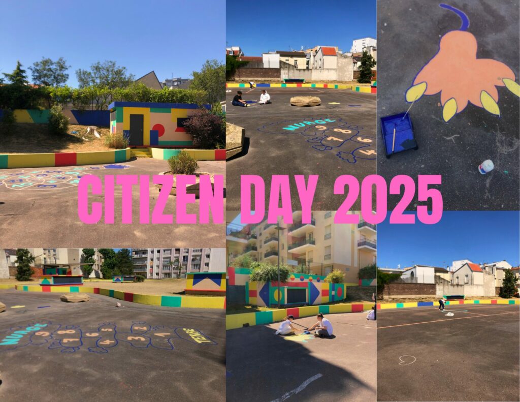 Collage de photos du Citizen Day 2025 : l'équipe L'Oréal peint des illustrations colorés au sol au 72 avenue Michelet